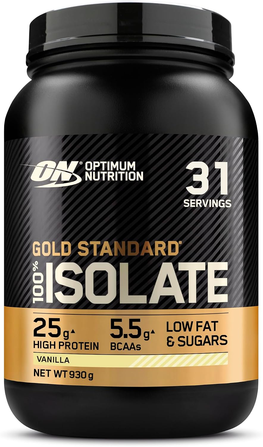 Optimum Nutrition Gold Standard 100% Isolate Whey Protein Powder · 930 g · Vanilla · 31 servings. Check the pack and label on Amazon.